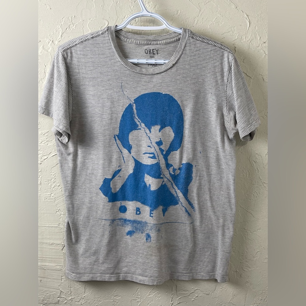 Obey Striped T-Shirt with Blue Graphic